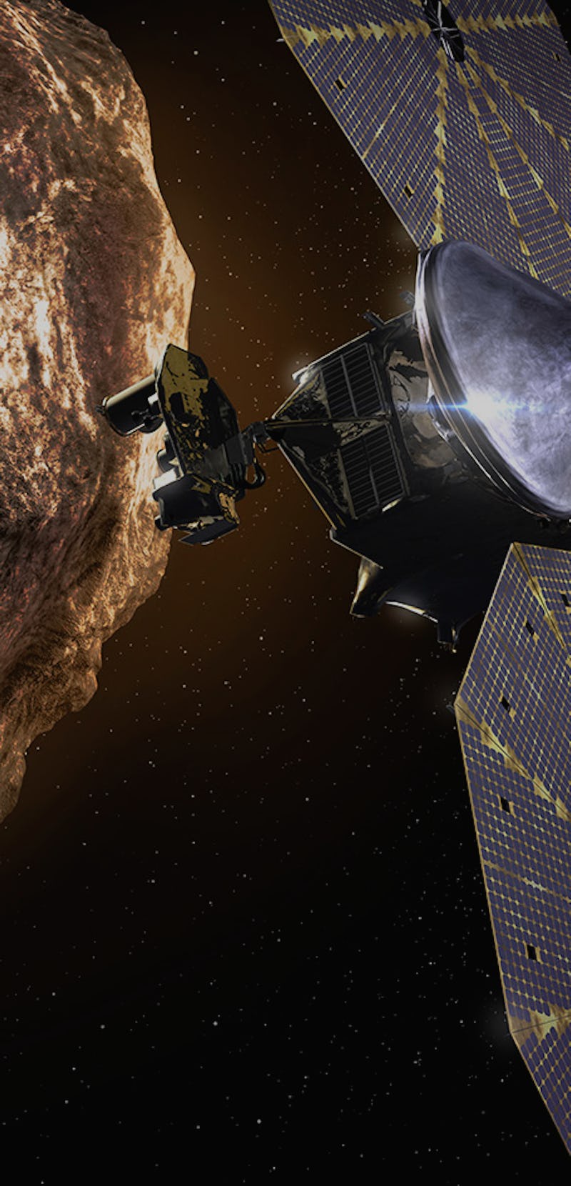 artist's rendering of Lucy near asteroid
