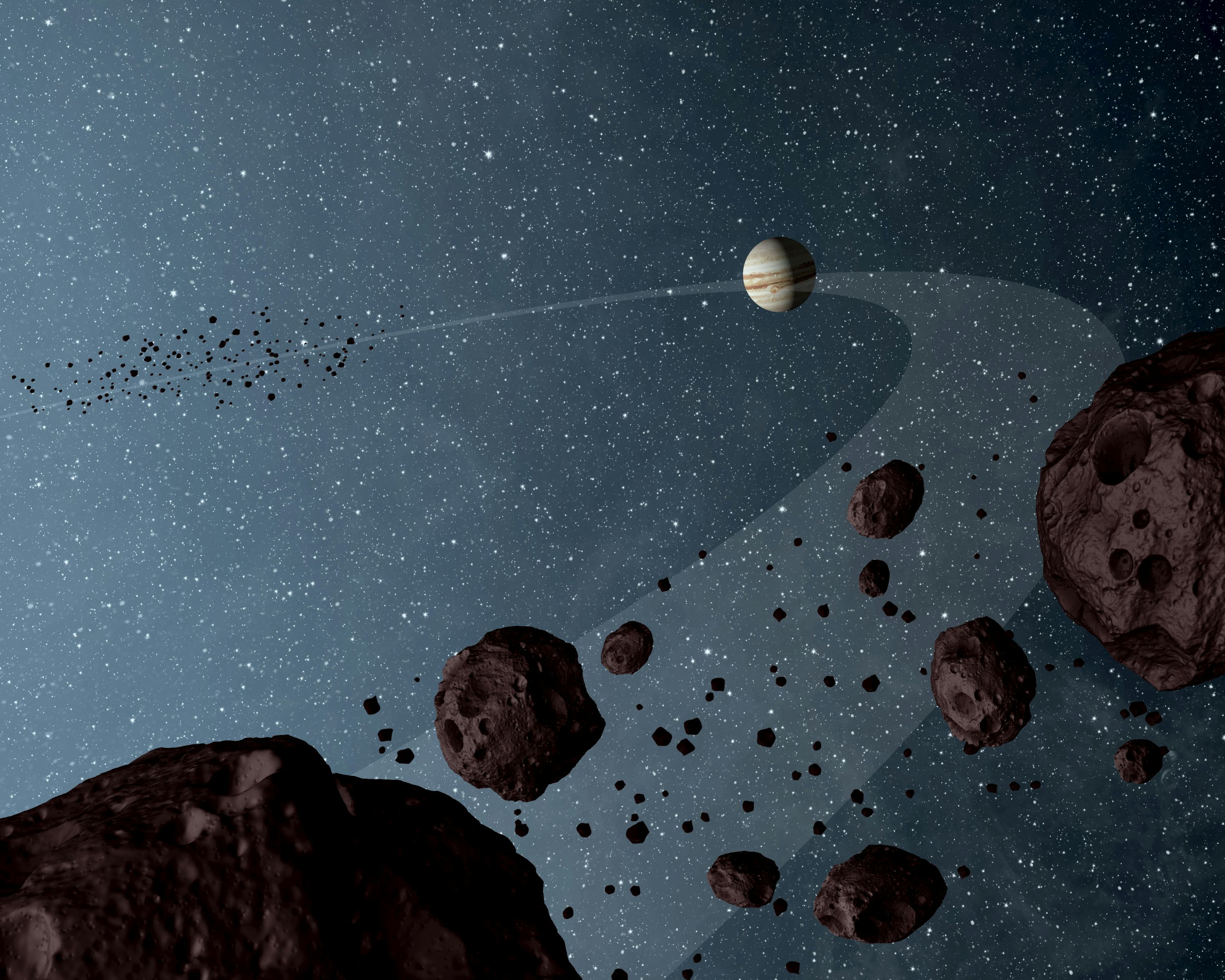 artist's rendering of Jupiter and Trojan asteroids