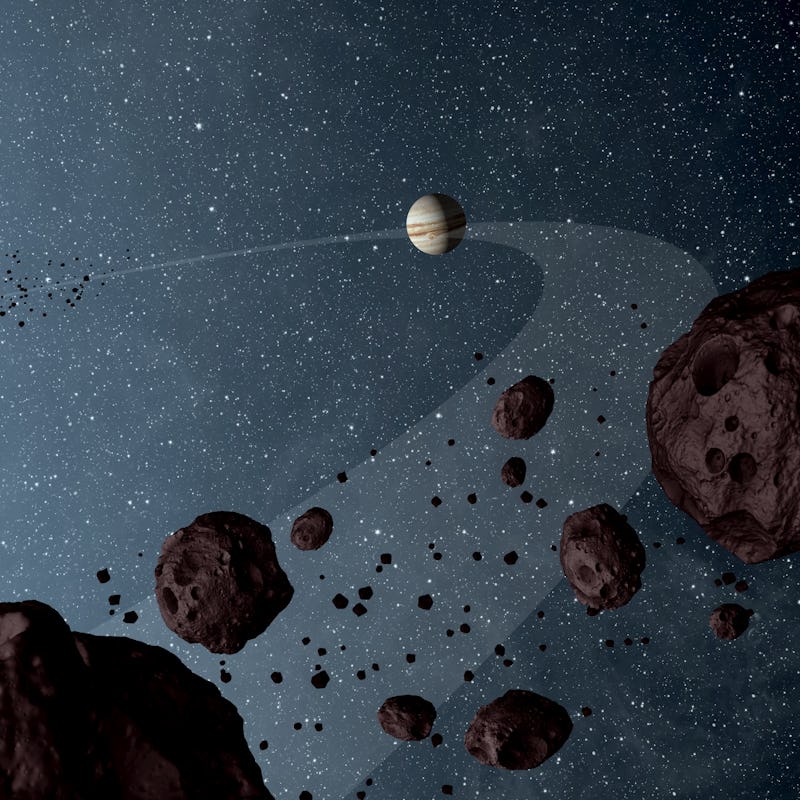 artist's rendering of Jupiter and Trojan asteroids