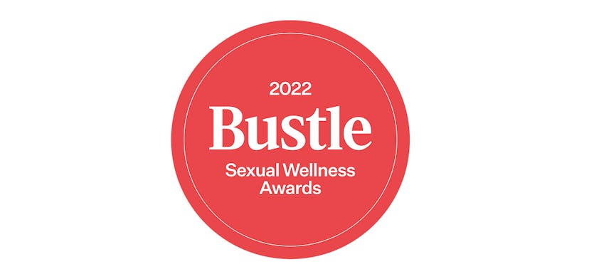 A red circle with "2022 Sexual Awareness Awards" and "Bustle" inside it 