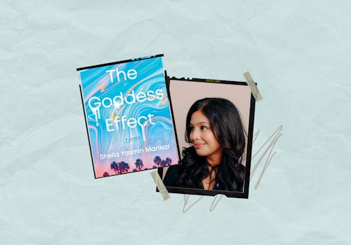 The Goddess Effect: A Novel - Book by Sheila Yasmin Marikar and a photo of her in the background