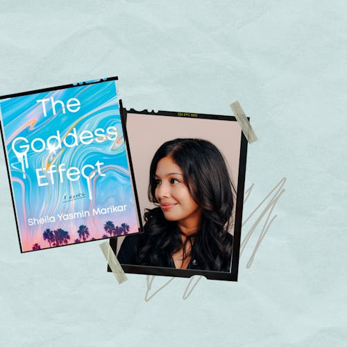 The Goddess Effect: A Novel - Book by Sheila Yasmin Marikar and a photo of her in the background
