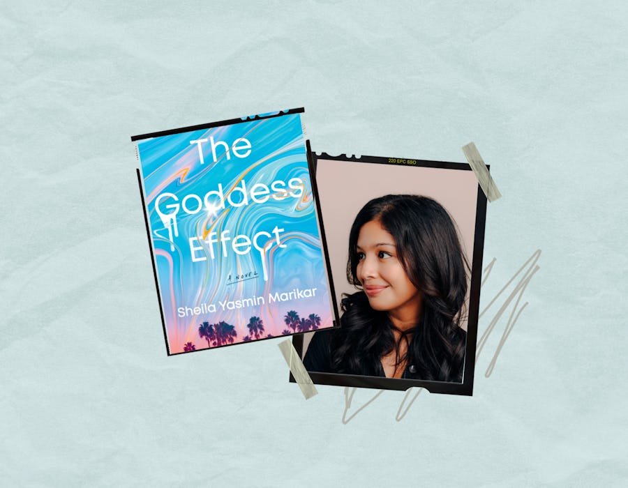 The Goddess Effect: A Novel - Book by Sheila Yasmin Marikar and a photo of her in the background