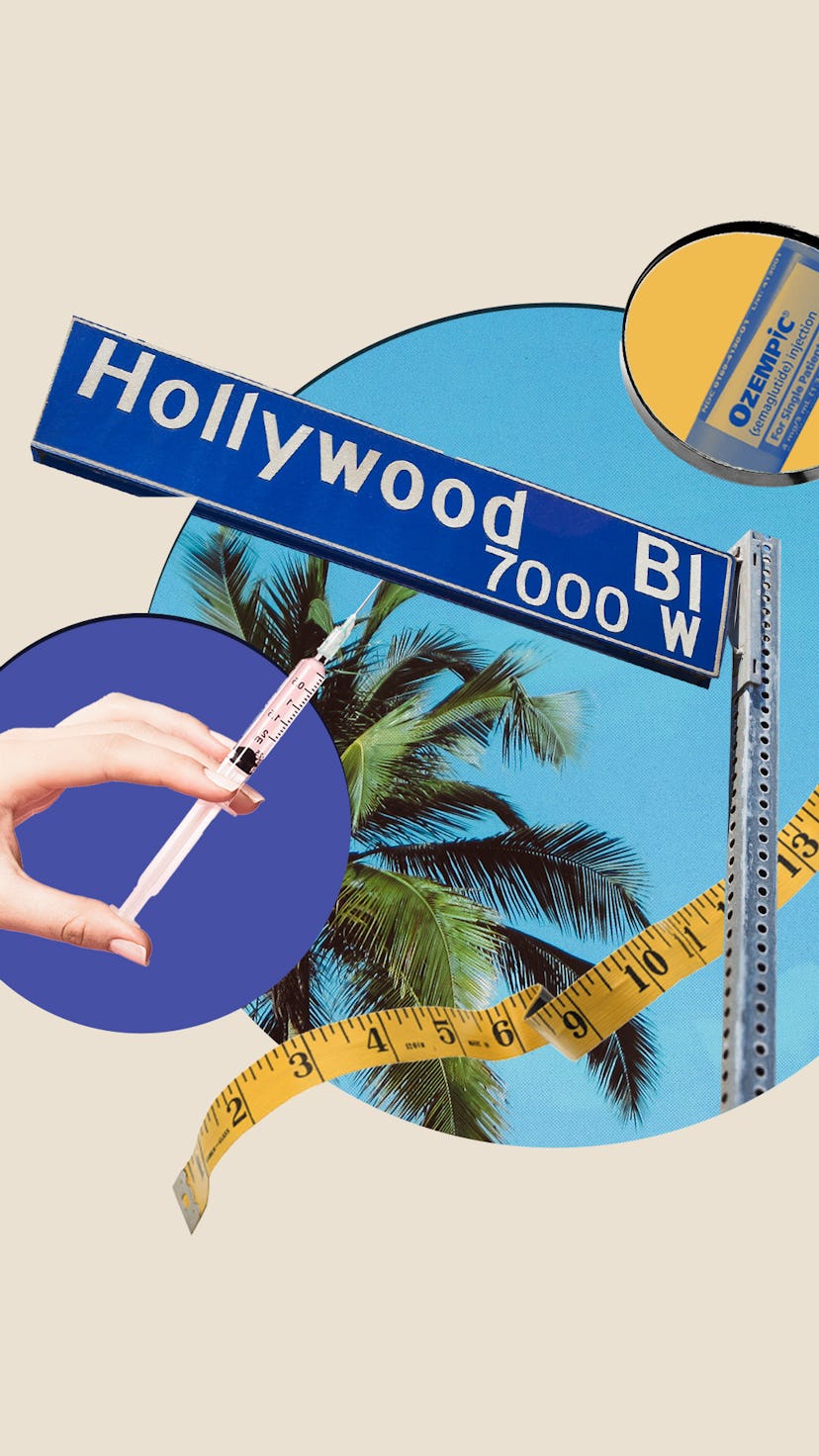 Collage of the FDA approved Ozempic next to a Hollywood Boulevard sign and a tape measurer in the ba...