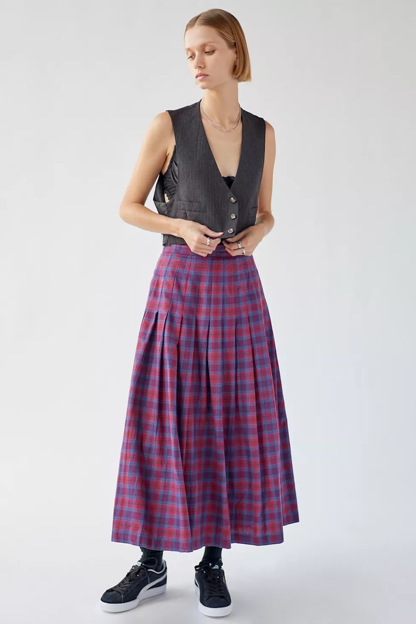 Vintage Plaid Pleated Maxi Skirt