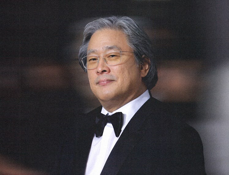 A portrait of Park Chan-wook wearing a tuxedo