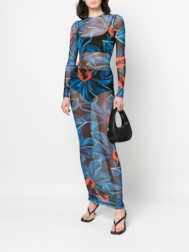 Louisa Ballou Sheer All-Over Graphic-Print Dress