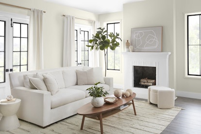 Cozy living room painted in Blank Canvas by BEHR