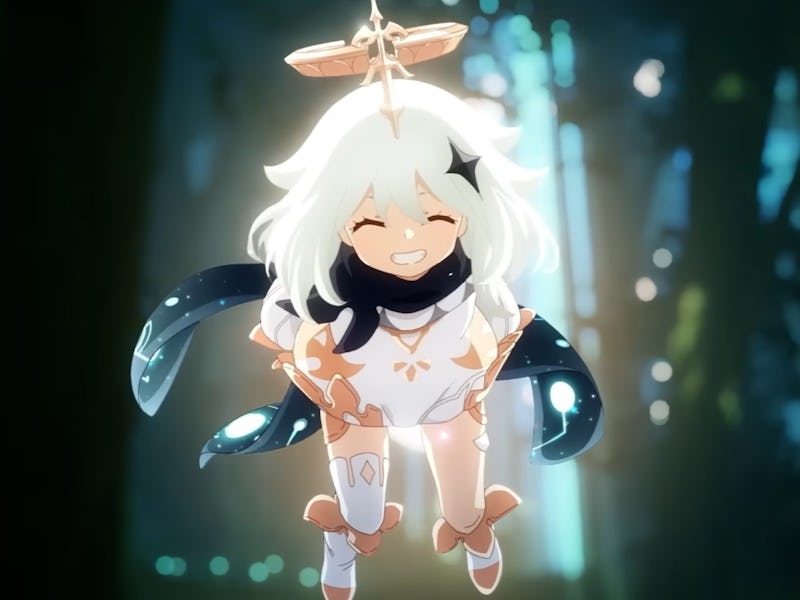 Paimon smiling at viewer in forest with light shining in the background