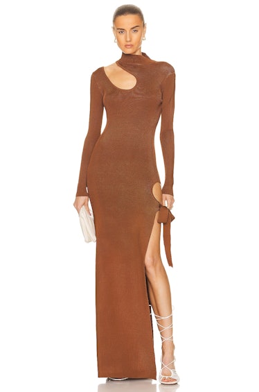 AUTEUR brown ribbed cutout maxi dress