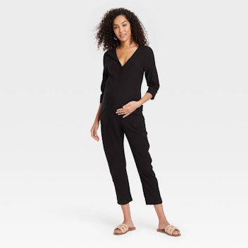 3/4 Sleeve Button-Front Cropped Maternity Jumpsuit