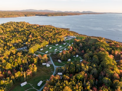 An aerial view of the Under Canvas Acadia during autumn