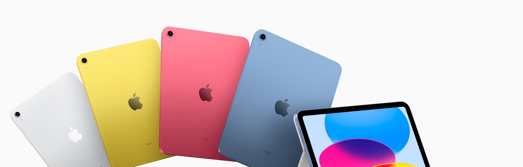The iPad in silver, blue, yellow, and pink.