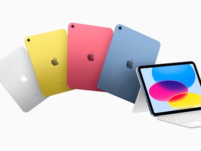 The iPad in silver, blue, yellow, and pink.