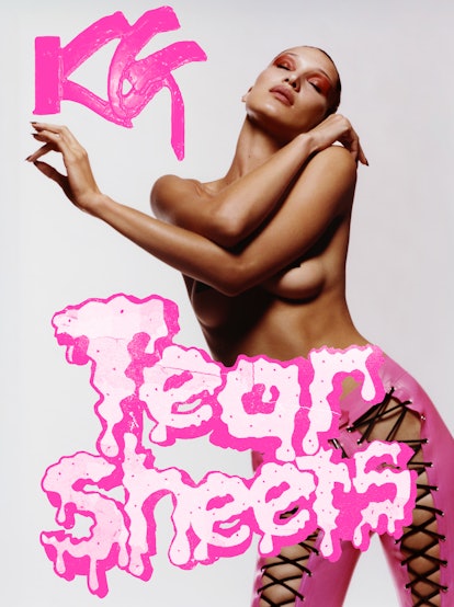 Bella Hadid posing nude in pink laced leather pants for the cover of Katie Grand's Tears and Tearshe...