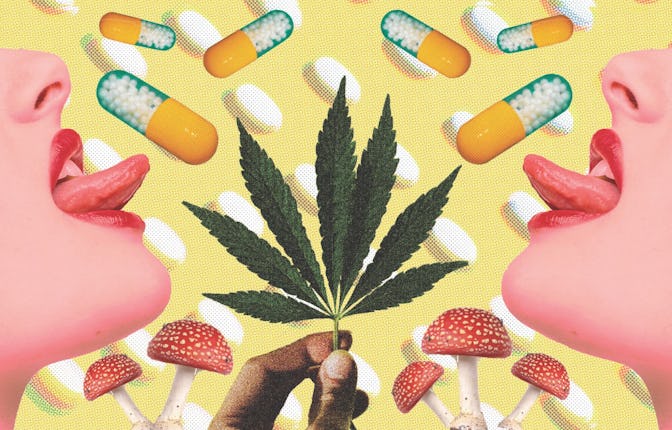 Drug collage depicting pills, a marijuana leaf, mushrooms, and two partial faces with tongues sticki...