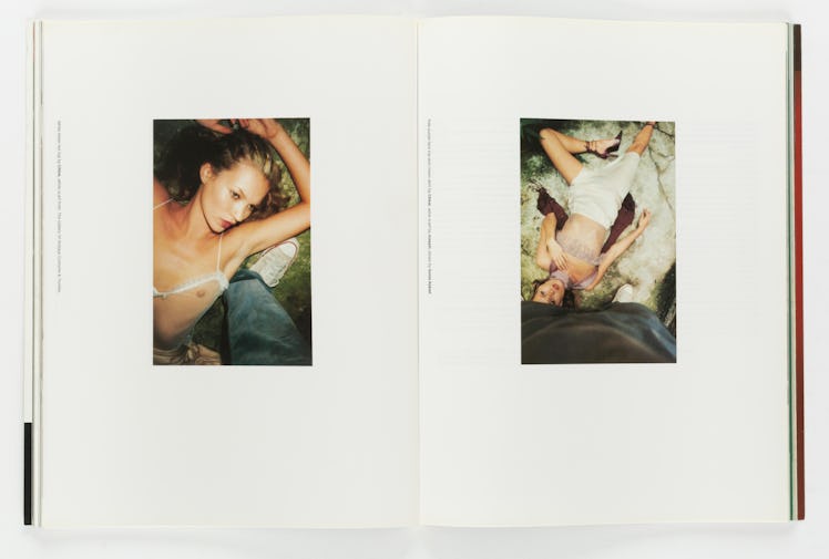 Tearsheet in Katie Grand’s Tears and Tearsheets book of two photographs of Kate Moss lying on floor ...
