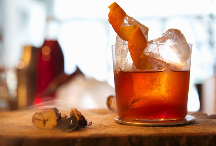 A Negroni cocktail variation resting on a bar