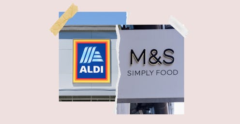 A collage of Aldi’s and Marks & Spencer's logo signs on their buildings