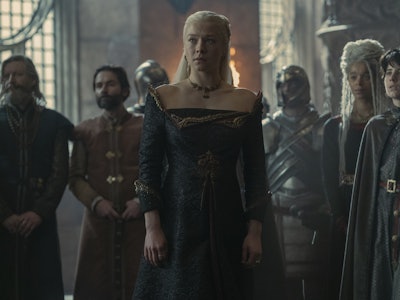 Rhaenyra Targaryen (Emma D'Arcy) stands in the Iron Throne room in House of the Dragon Episode 8