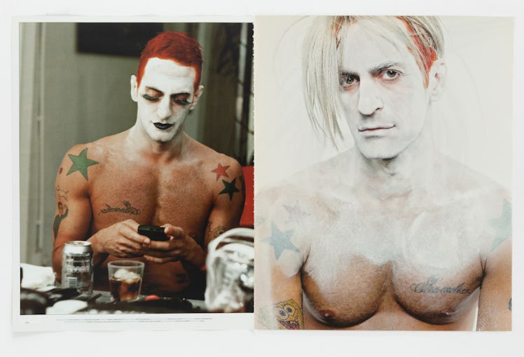 Tearsheet in Katie Grand’s Tears and Tearsheets book of shirtless Marc Jacobs with chalk & make-up o...