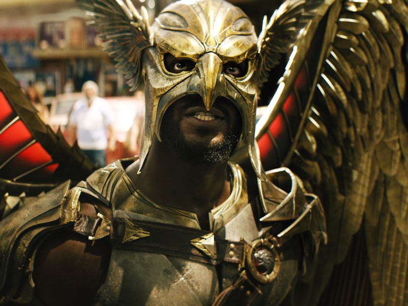 Aldis Hodge wearing his metal suit as Hawkman in ’Black Adam’