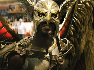 Aldis Hodge wearing his metal suit as Hawkman in ’Black Adam’ 