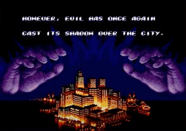 Hands over a city at night and "however, evil has once again cast its shadow over the city" text