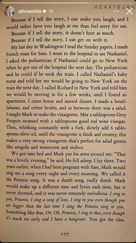 Screenshot of Olivia Wilde sharing a page from Nora Ephron's Hearburn on her Instagram story 