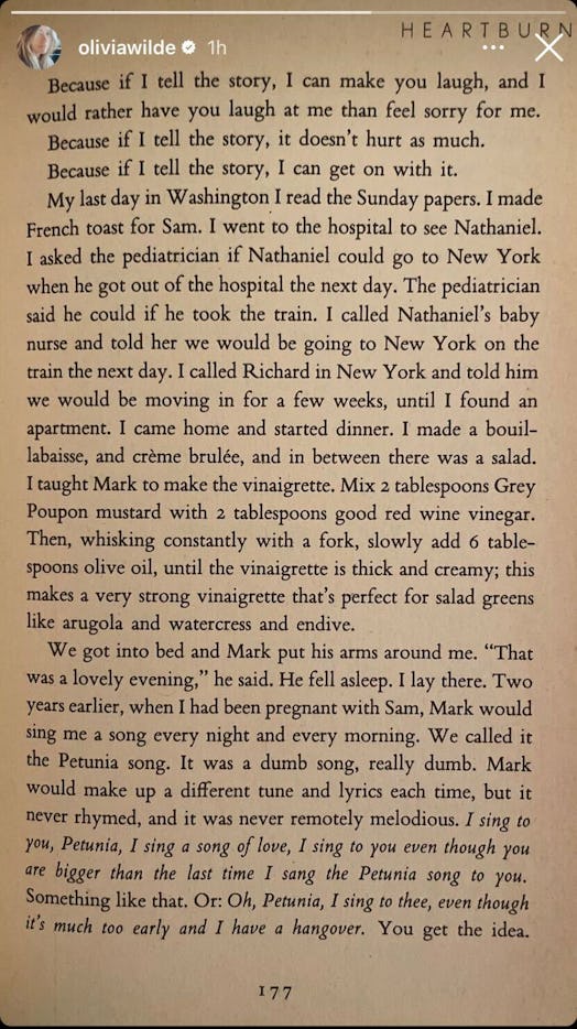 Screenshot of Olivia Wilde sharing a page from Nora Ephron's Hearburn on her Instagram story 