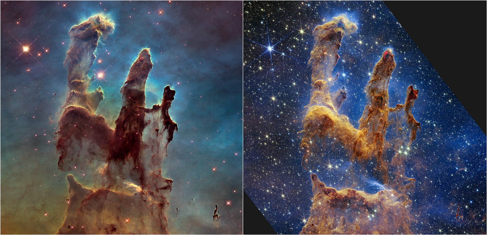 Hubble Telescope image of Pillars of Creation next to James Webb Telescope image