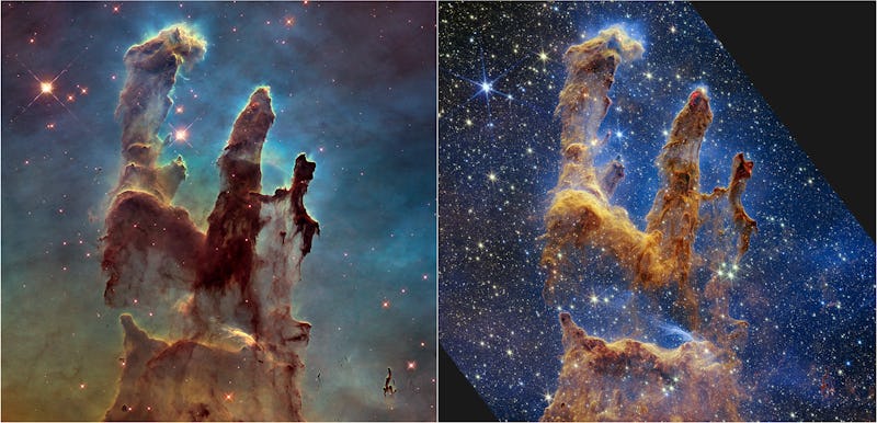 Hubble Telescope image of Pillars of Creation next to James Webb Telescope image