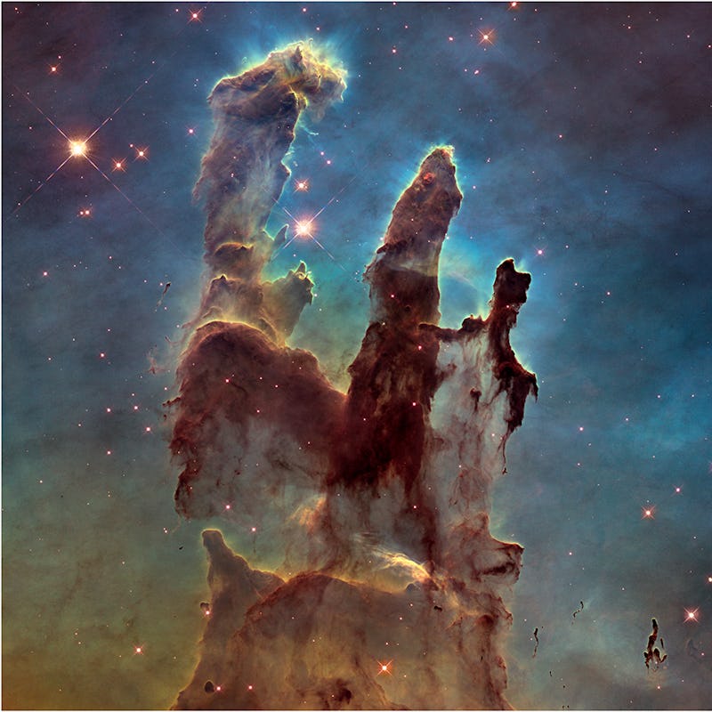 Hubble Telescope image of Pillars of Creation next to James Webb Telescope image