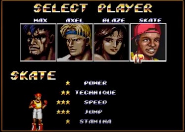 "Select player" section in "Streets of Rage 2" video game 