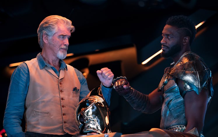 Pierce Brosnan as Doctor Fate and Aldis Hodge as Hawkman training newcomers in the Black Adam TV sho...