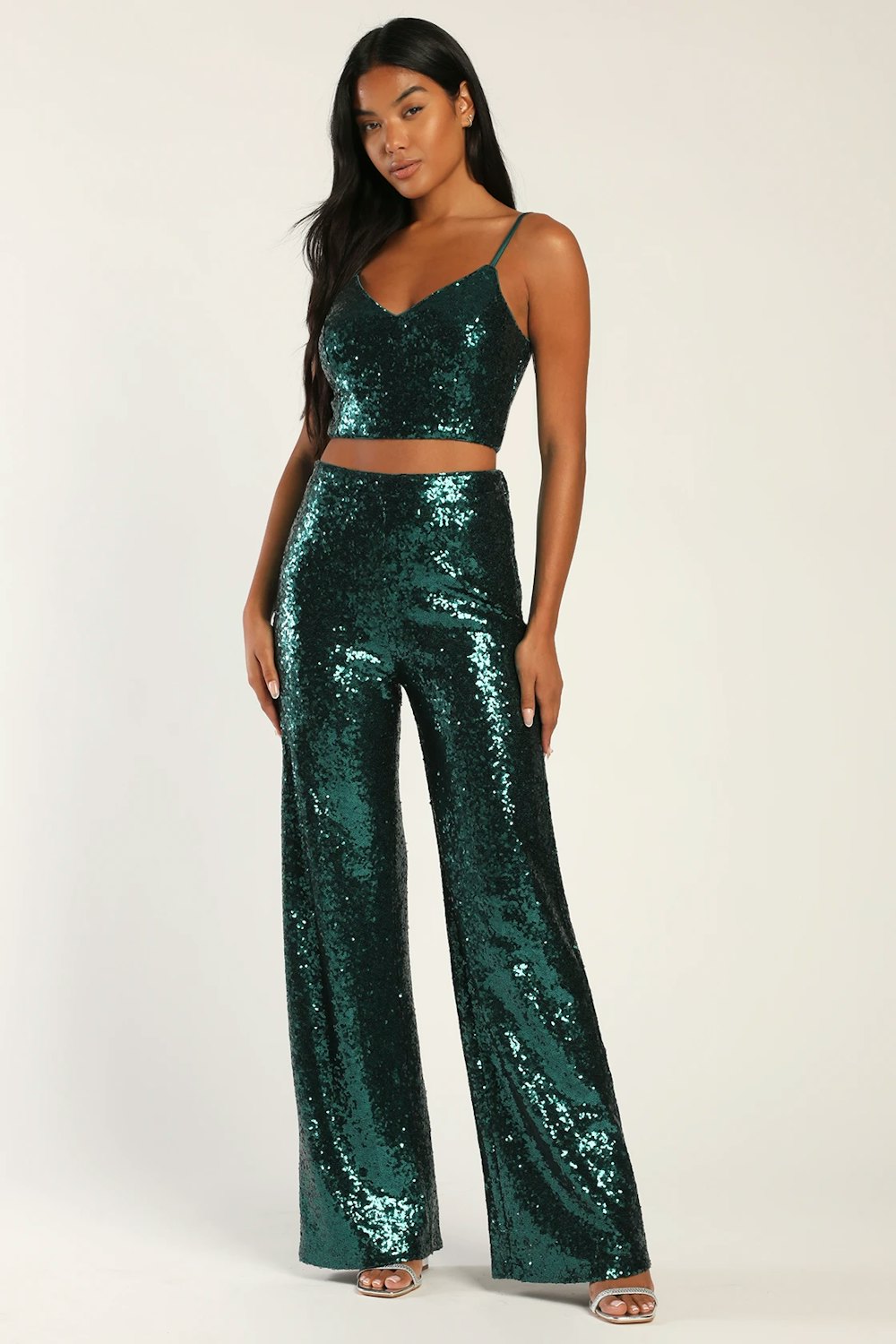 Twice the Glam Teal Green Sequin Lace-Up Two-Piece Jumpsuit
