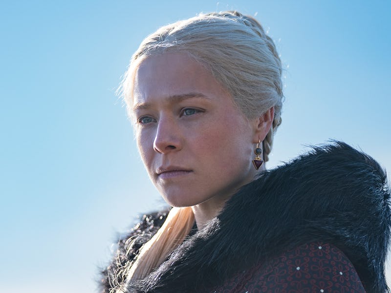 A close-up of Rhenyra Targaryen in a black fur coat in the series 'House of the Dragon'