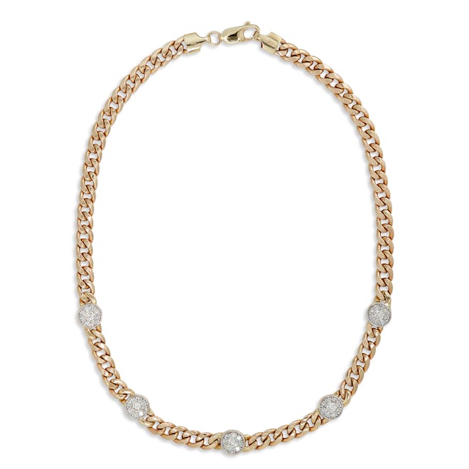 Curb Link Diamond Cluster Station Necklace in 14K Yellow Gold