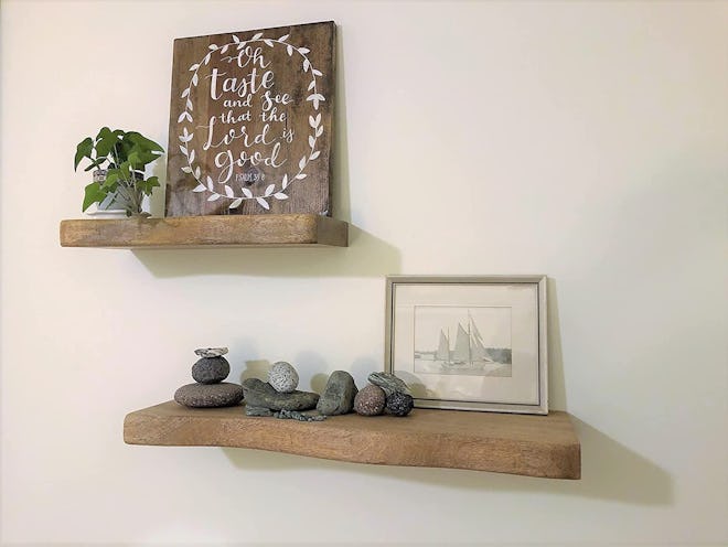 The Table & Bloom Live Edge Floating Shelf is one of the best floating shelves for heavy items.