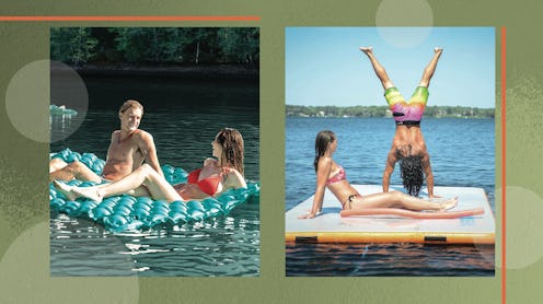 Two photos of some of the best floating mats for lakes sit side by side with a green background.