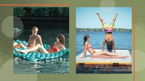 Two photos of some of the best floating mats for lakes sit side by side with a green background.