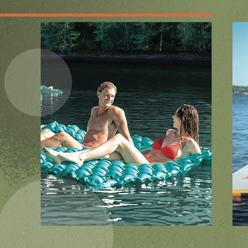 Two photos of some of the best floating mats for lakes sit side by side with a green background.