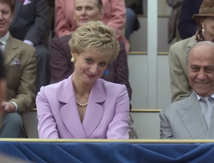 A still from the Netflix show The Crown, depicting Princess Diana in a lavender colored suit