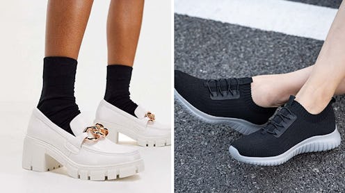 White loafers and black feethit breathable walking sneakers