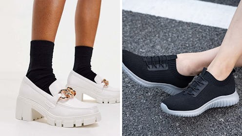 White loafers and black feethit breathable walking sneakers