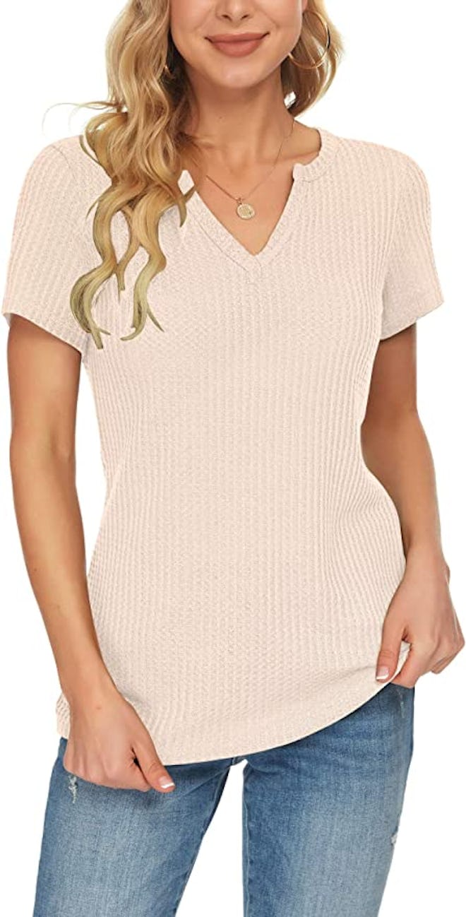 WNEEDU Waffle Knit V-Neck Henley Shirt