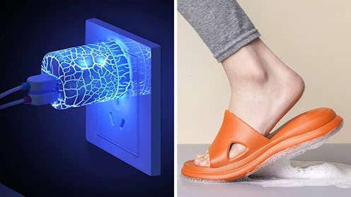 Wall charger block with blue night light and an orange sandal