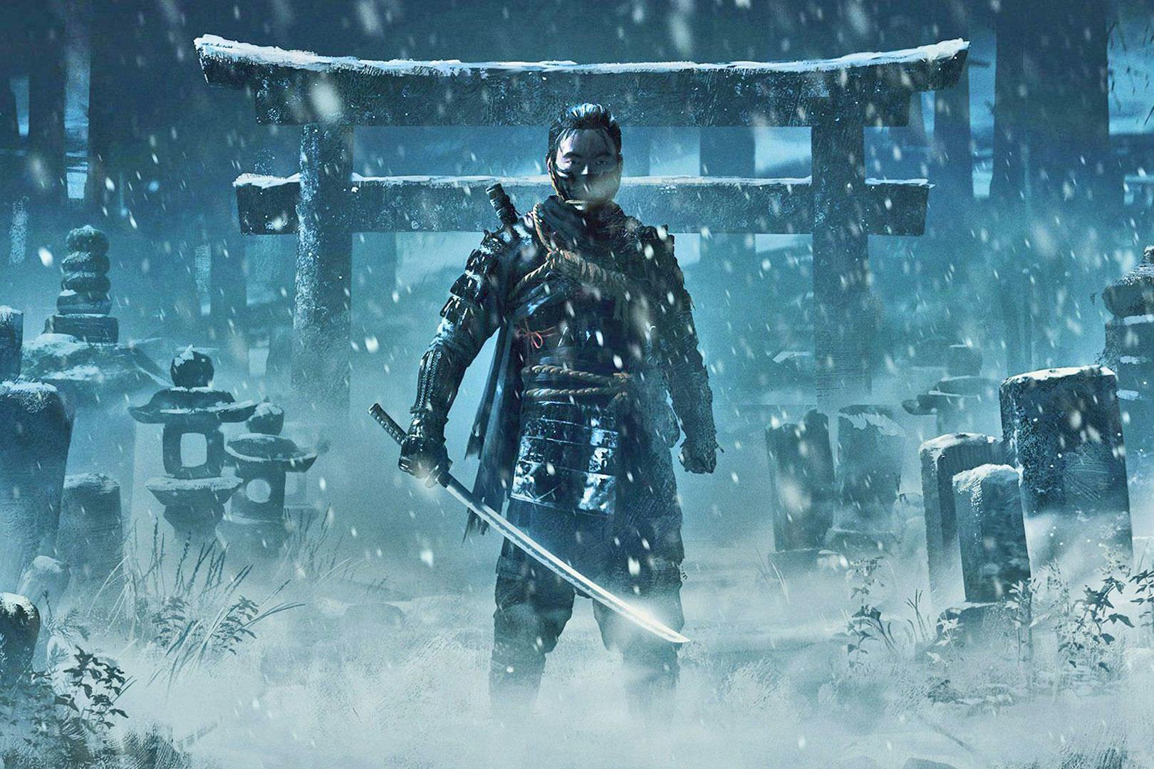 A still from Ghost Of Tsushima with the main character standing in the snow with a katana