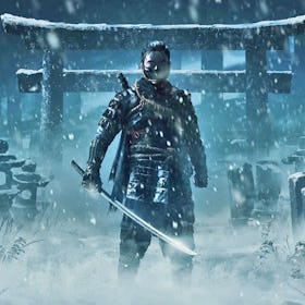 A still from Ghost Of Tsushima with the main character standing in the snow with a katana