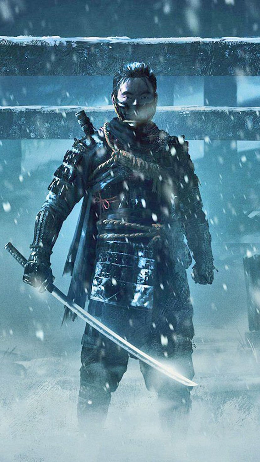 A still from Ghost Of Tsushima with the main character standing in the snow with a katana